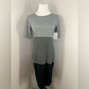 LuLaRoe Julia Dress Gray and Black Color Block Midi Form Fitting